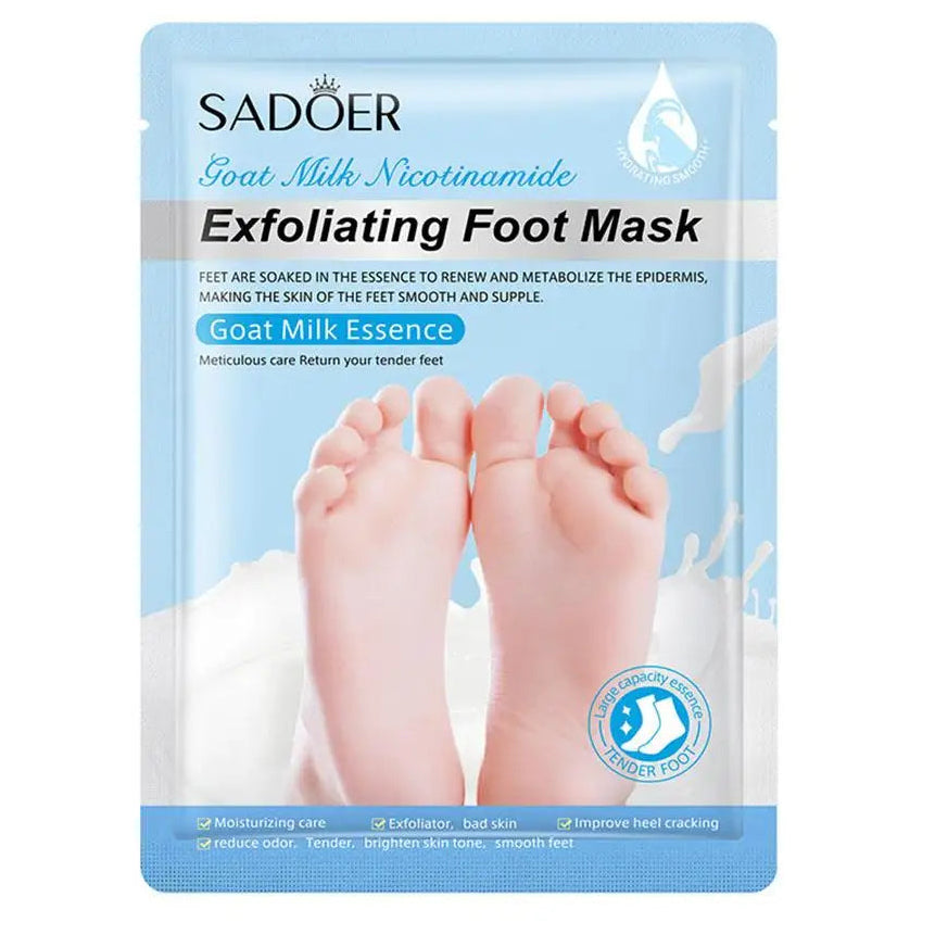 Sadoer exfoliating foot mask packaging with images of feet and text on a white background