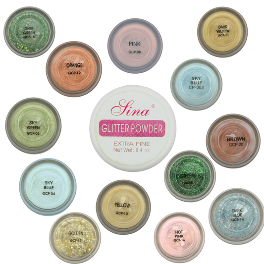 Collection of Sina acrylic nail powder jars in various colors on a white background