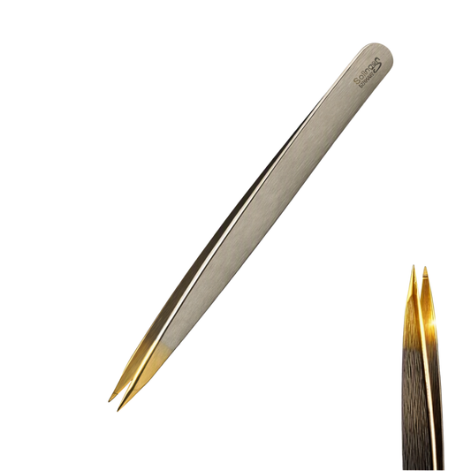 Pair of metal tweezers with a sharp gold tip on a white background