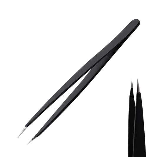 Pair of black tweezers with a sharp silver tip on a white background