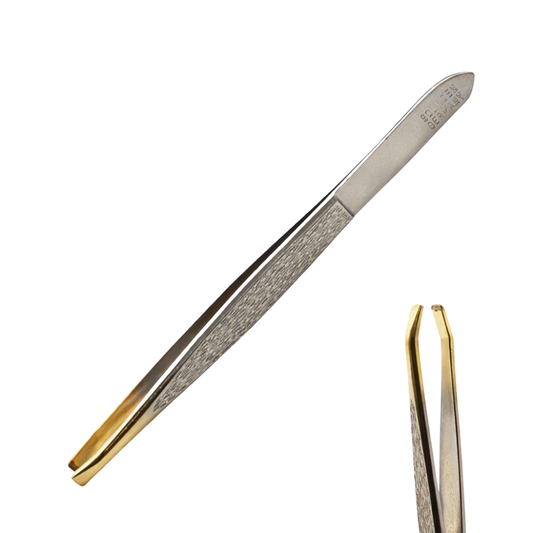 Steel tweezer with a textured silver handle and polished gold-toned small claw tips, shown on a plain white background with a close-up inset of the tip.