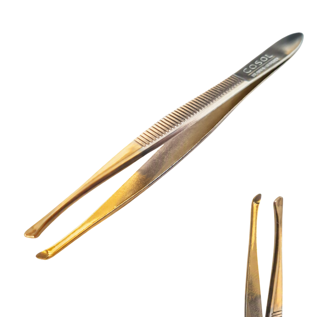 Gold-toned metal tweezers with a ridged textured grip and the brand name 'GOSOL' engraved on the handle, shown on a plain white background with a small inset detail of the tip.