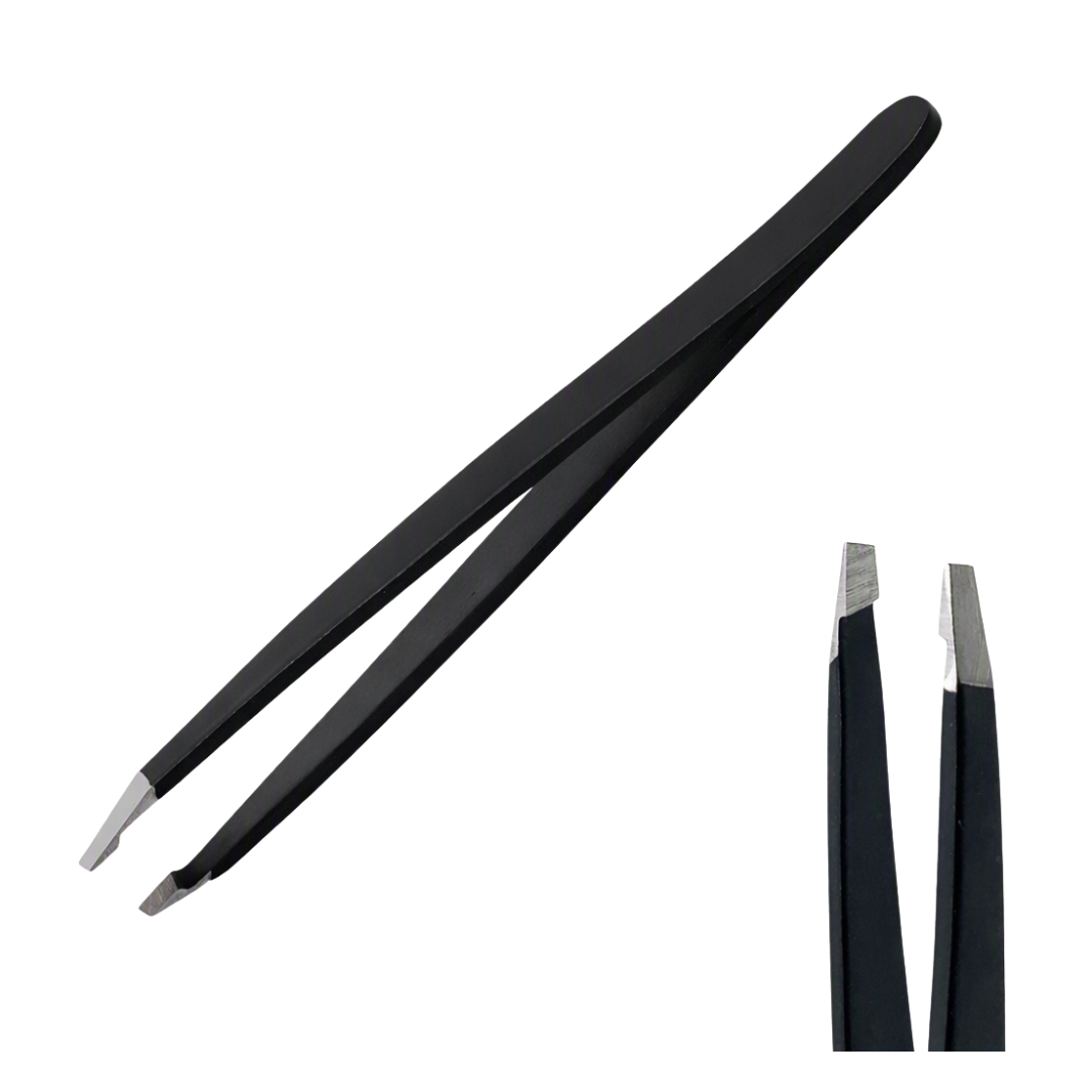Black eyebrow tweezers with silver metal tips, shown on a plain white background with two close-up views of the tip ends.