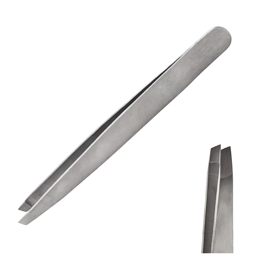 A pair of stainless steel precision tweezers shown on a plain white background, with one main angled view and a smaller inset view of the inner jaws.