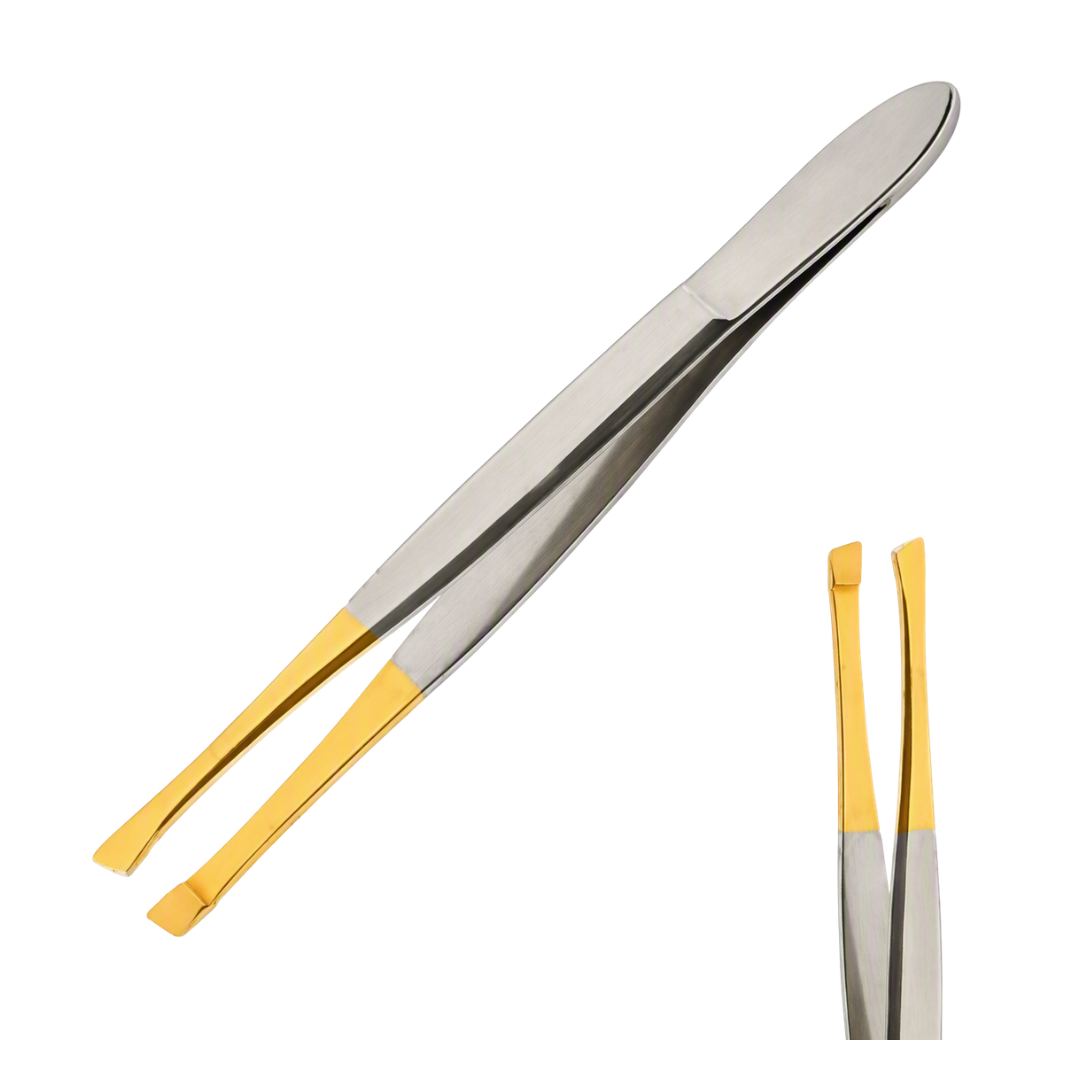 A pair of steel angled gold tip tweezers shown on a plain white background, with one main angled view and a smaller inset view of the inner jaws.