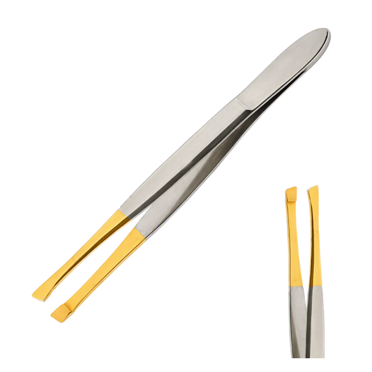 A pair of steel angled gold tip tweezers shown on a plain white background, with one main angled view and a smaller inset view of the inner jaws.