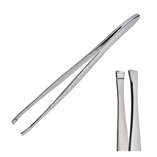 A pair of polished stainless steel tweezers shown on a plain white background, with a smaller inset view of the instrument on the right.