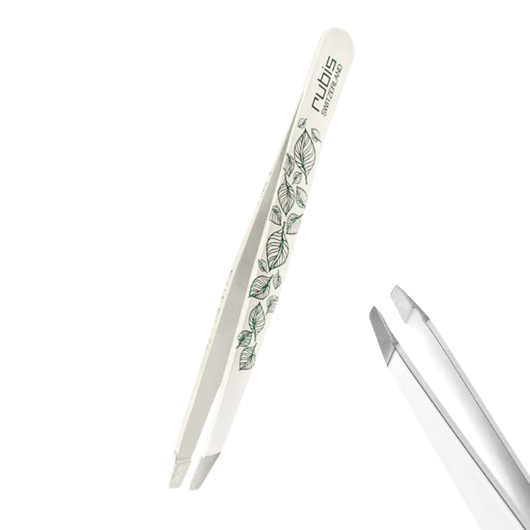 Rubis T108 Oblique Tweezer | White straight ended tweezers, for Eyebrow shaping & hair plucking with green leaf illustrations and the brand name 'Rubis' printed on the handle, shown on a clean white background.