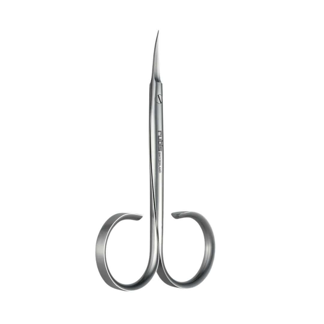 A Rubis pair of metallic silver nail scissors with a sleek, tapered design and looped handles, shown on a solid white background.