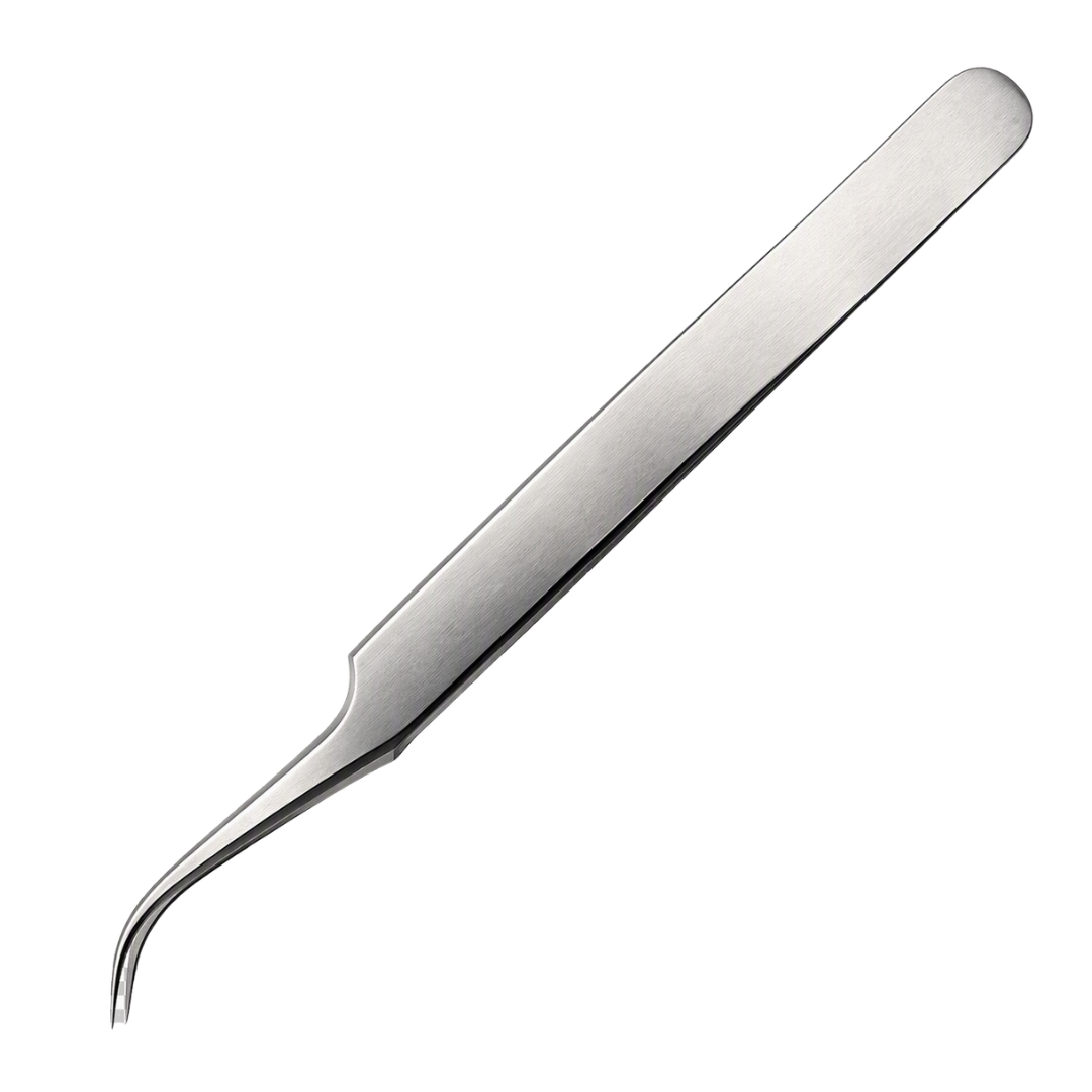 A single metallic curved tweezers shown diagonally on a plain white background.