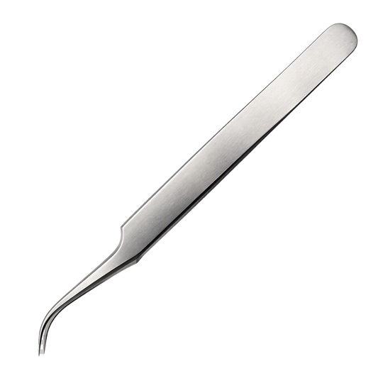 A single metallic curved tweezers shown diagonally on a plain white background.