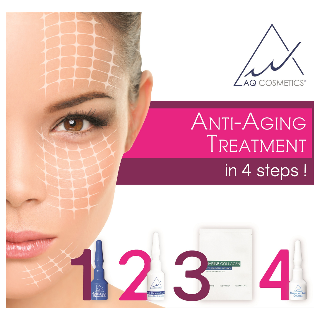 AQ Cosmetics Anti-Aging Treatment in 4 steps! featuring a close-up of a woman's face with a grid overlay on the cheek, alongside product bottles and a box, with large pink numbers 1, 2, 3, and 4.