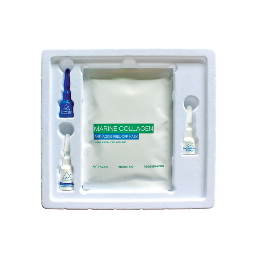 Marine Collagen Antioxidant Peel-Off Mask kit in a white foam tray, containing a central white mask packet with green and blue text, flanked by two blue ampoules and one white ampoule on a white background.
