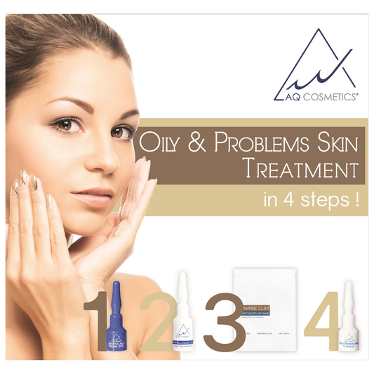 A promotional graphic for AQ Cosmetics Oily & Problems Skin Treatment, showing a close-up of a woman touching her face on the left, large text reading 'Oily & Problems Skin Treatment in 4 steps!', the AQ Cosmetics logo at top right, and four small treatment bottles and a packet arranged along the bottom over beige numbers 1 through 4.