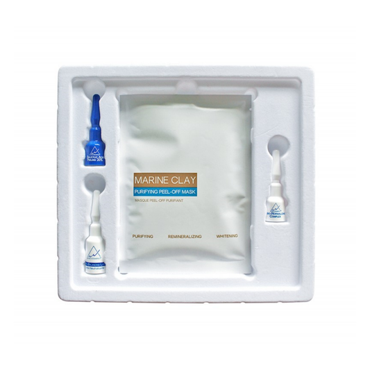 Marine Clay Purifying Peel-Off Mask kit in a white foam tray, containing a central white mask packet and three small treatment ampoules, one blue and two white with blue labels.