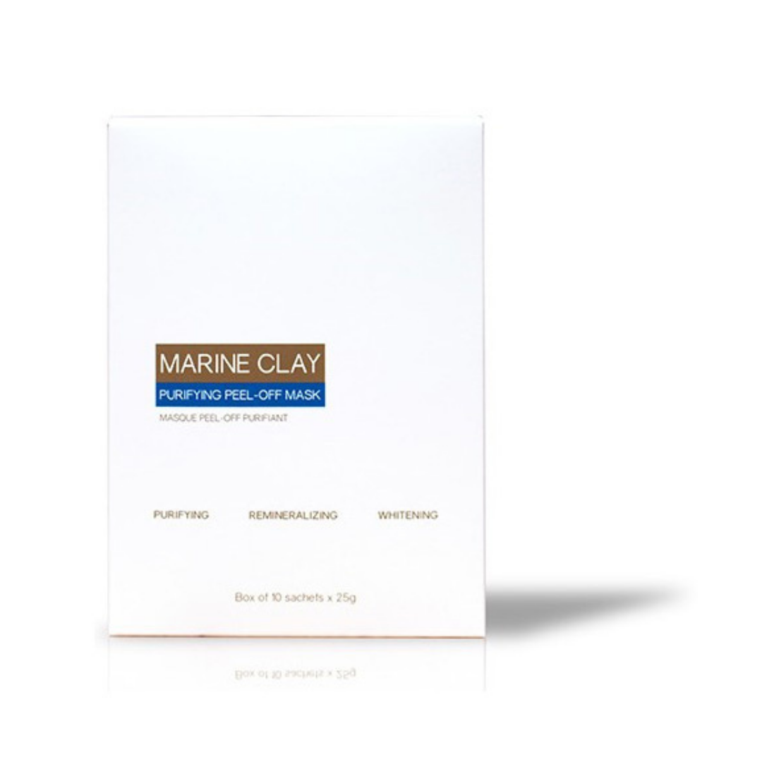 A white rectangular box of Marine Clay Purifying Peel-Off Mask, featuring a brown and blue label on the front, set against a clean white background with a soft shadow.