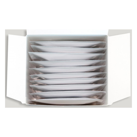 An open white box containing multiple flat, rectangular white packets of marine clay mask powder arranged in rows, photographed against a light gray background.