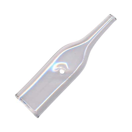 A clear glass vacuum suction ventouse with a small circular hole, shown diagonally on a plain white background.