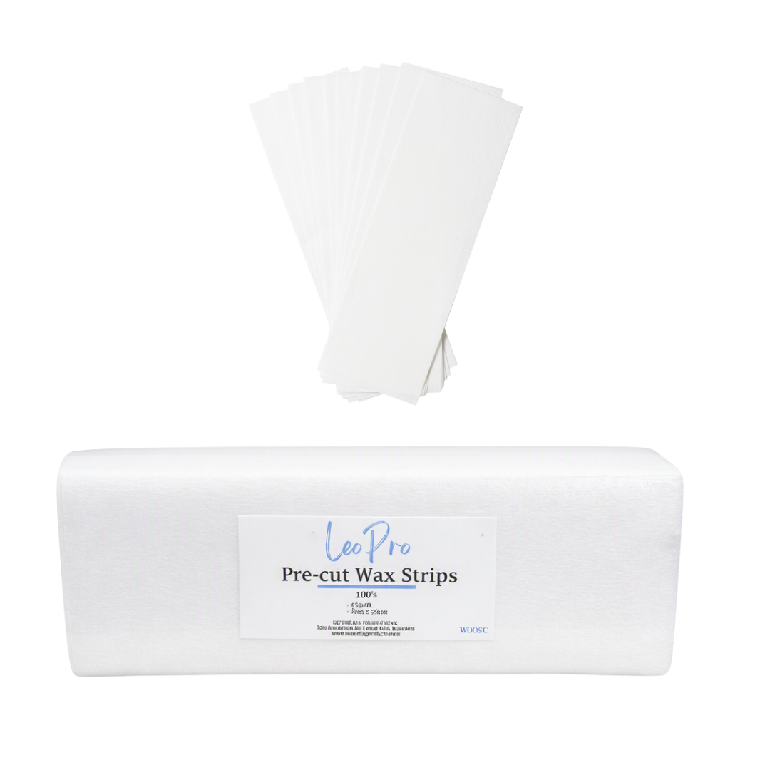 A pack of LeoPro Pre-cut Wax Strips in a white cardboard sleeve, with several white strips fanned out above the package on a plain white background.