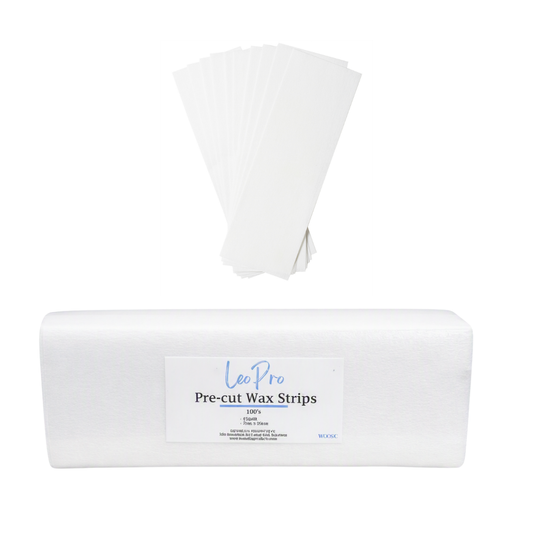 A pack of LeoPro Pre-cut Wax Strips in a white cardboard sleeve, with several white strips fanned out above the package on a plain white background.
