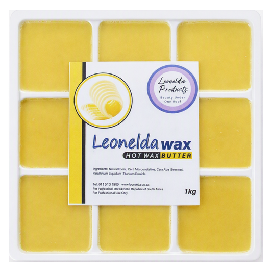 A 1kg tray of Leonelda Wax Hot Wax Butter in pale yellow, featuring a white and purple brand label in the center.
