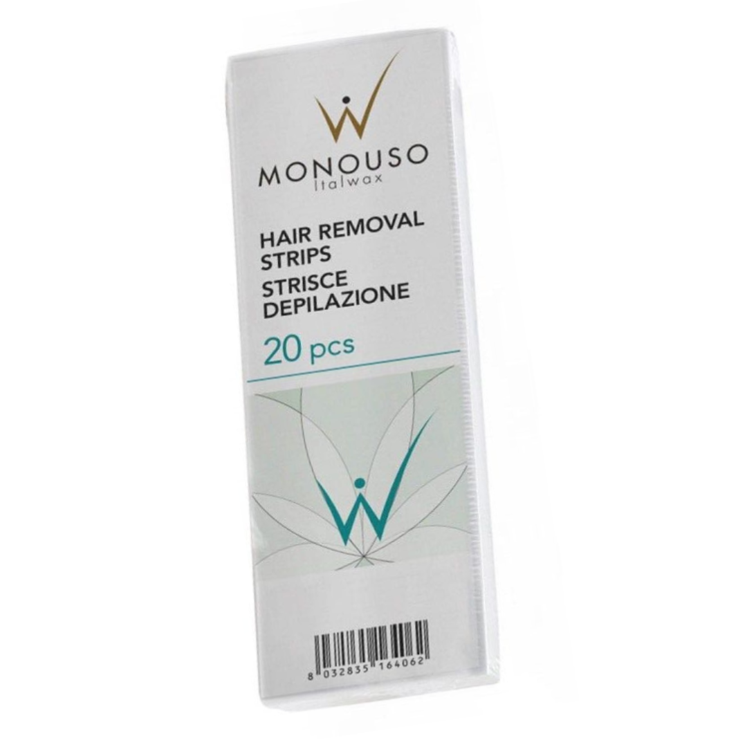 W008A Italwax 20-piece Pre-cut Waxing Strips | A Pack of 20 Italwax white pre-cut Hair removal strips in 7cm width, to use with cold wax, with a carboard cover with Italwax logo