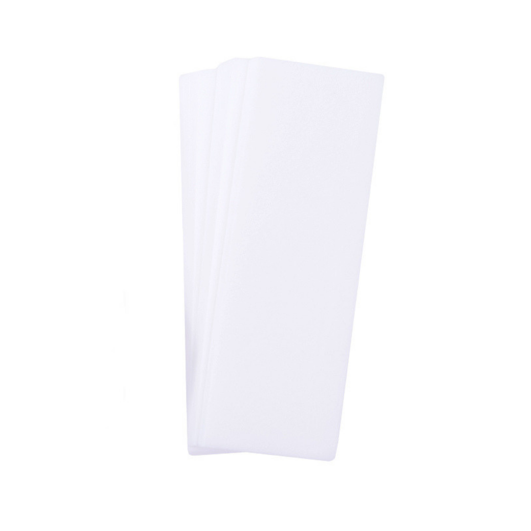 Three white pre-cut waxing strips stacked vertically, shown against a solid white background.