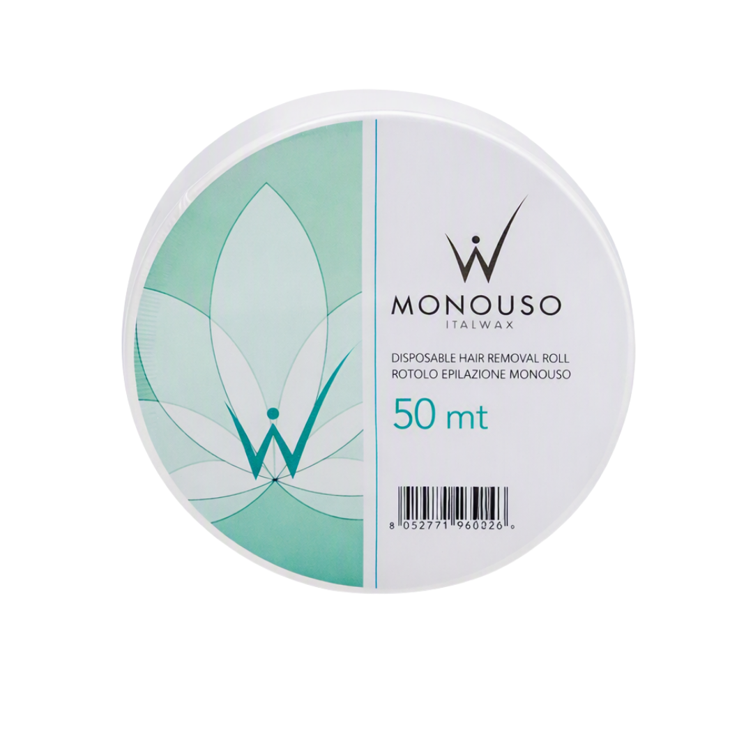 A round white roll of ItalWax disposable hair removal strips, featuring a mint green and white floral design on the left and product details on the right.
