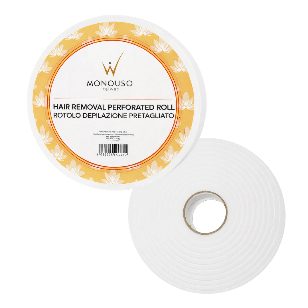 Two rolls of Italwax hair removal perforated wax strips on a white background, with one roll showing its yellow and white branded label and the other showing the white backside roll itself.