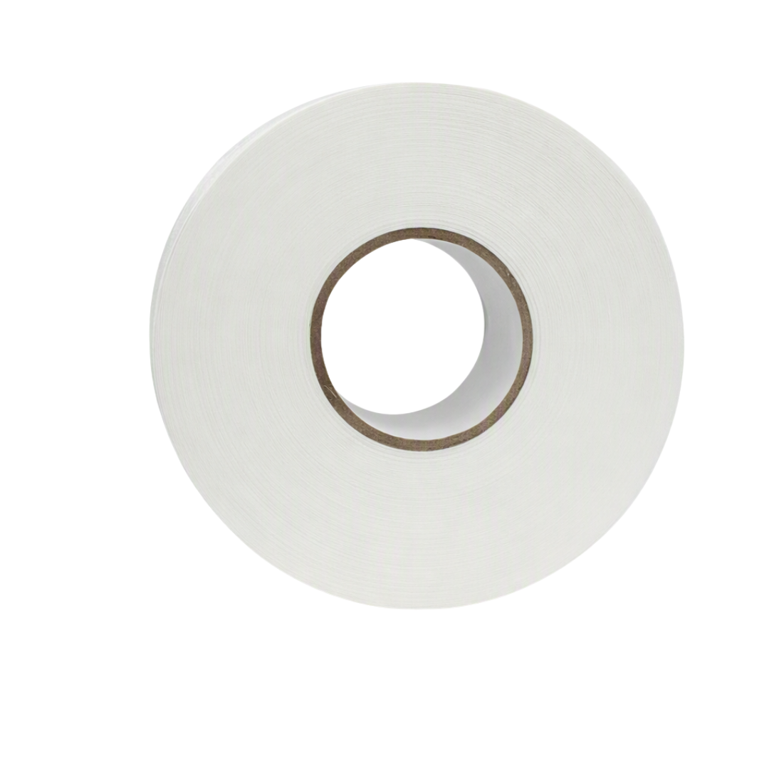 A roll of white Italian made wax removal strips with a brown cardboard core, shown from a top-down view on a solid white background.