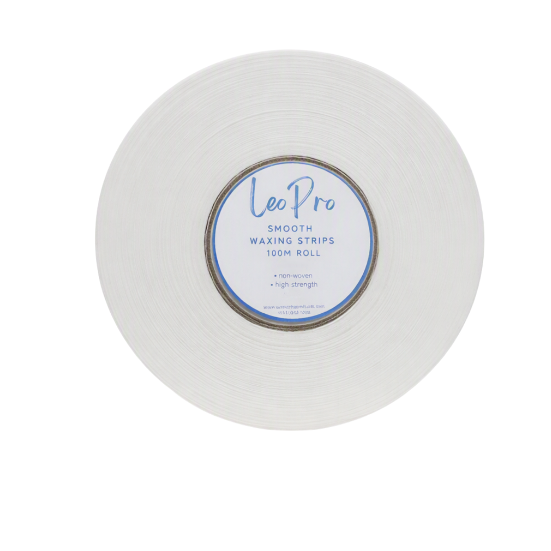 A white roll of Leo Pro Smooth Waxing Strips, 150m, shown from a top-down view on a solid white background.