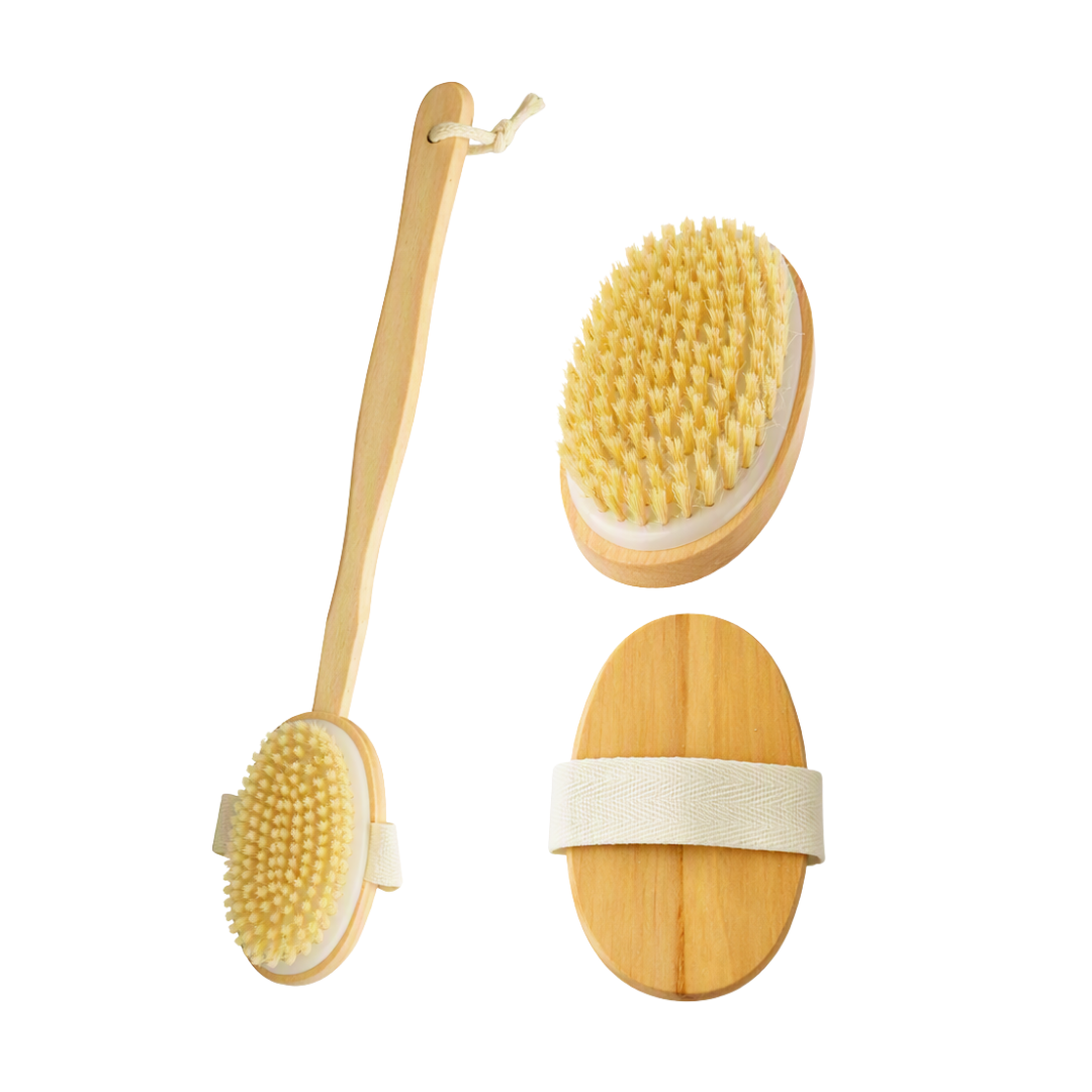 Three natural bamboo bath brushes with soft yellow bristles, shown on a plain white background: one long-handled scrubber and two oval body brushes with fabric straps.