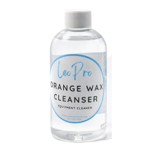 A clear 250ml bottle containing LeoPro Orange Wax Cleanser on a white background