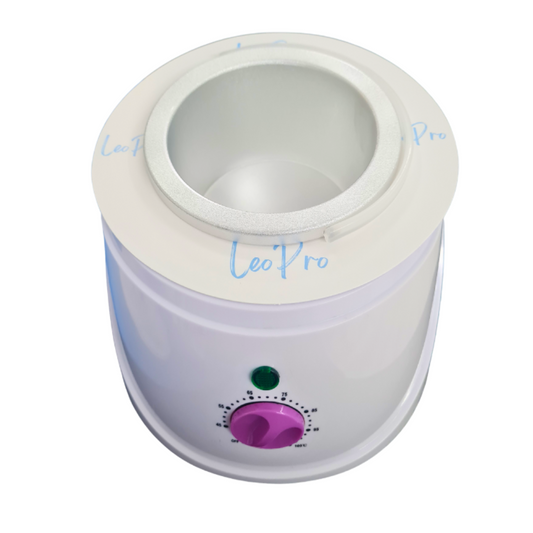 A white cylindrical electric heating device with a purple rotary dial, a green indicator light, and a textured white inner cup, shown on a plain white background with faint blue 'LeoPro' watermarks.