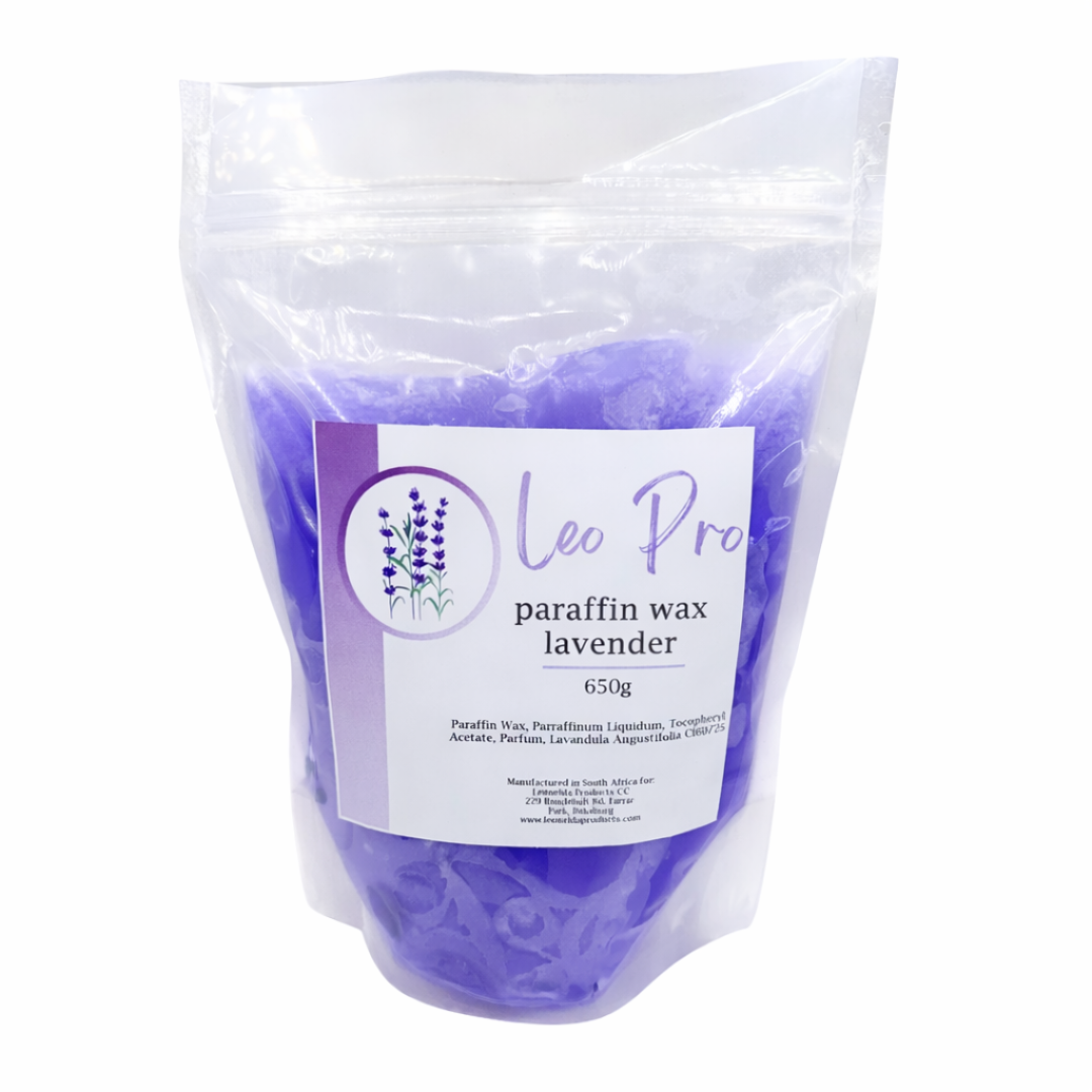 W012L Lavender Paraffin Wax 650g | Bag of lavender paraffin wax with Leo Pre label on a white background