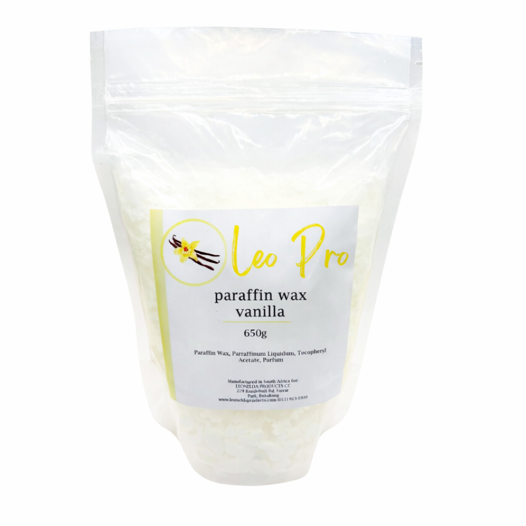 W012M Vanilla Paraffin Wax 650g | Bag of Vanilla paraffin wax labeled 'Leo Pro' on a white background