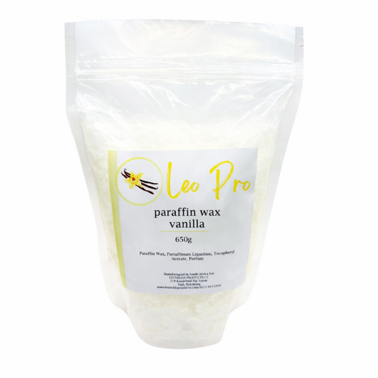 W012M Vanilla Paraffin Wax 650g | Bag of Vanilla paraffin wax labeled 'Leo Pro' on a white background