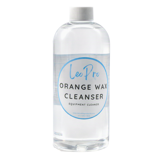 A clear 500ml bottle containing LeoPro Orange Wax Cleanser on a white background