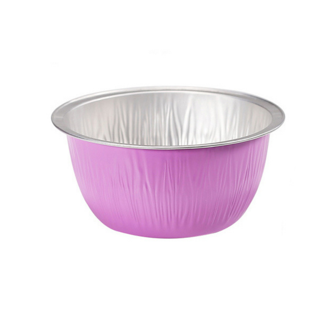 A small round aluminum foil bowl for small amount of hot or film wax heating with a textured purple exterior and a shiny silver interior, shown on a plain white background.