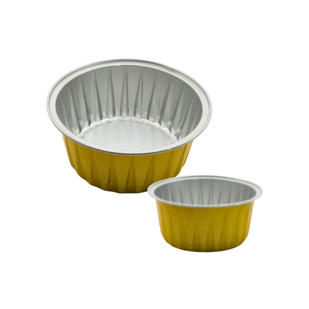 Two round aluminum foil cups for small amount of film or hot wax, one heating larger and one smaller, with metallic gold fluted sides and silver reflective interiors, shown on a plain white background.