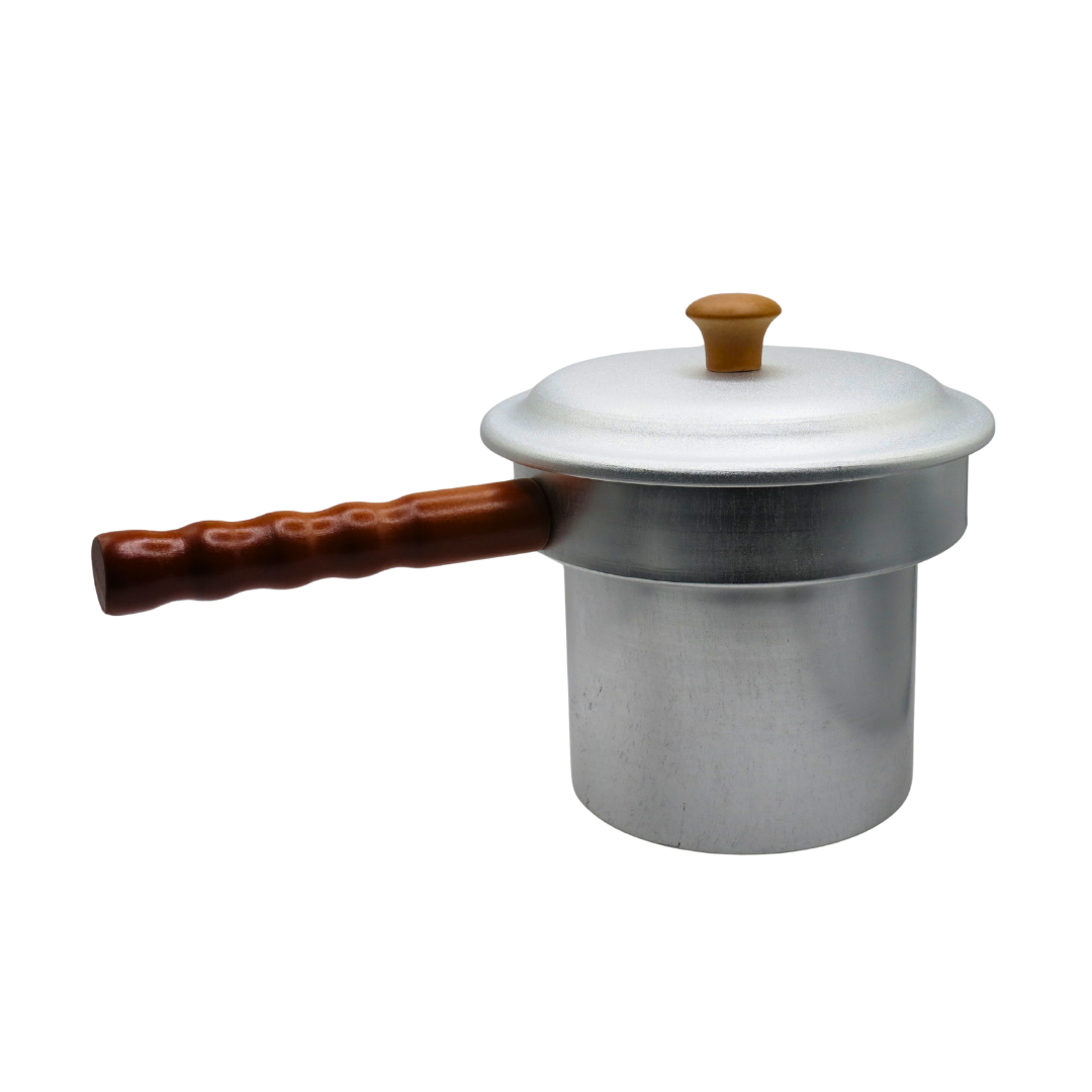 A small aluminum pot with a lid and a brown wooden handle, shown on a plain white background.