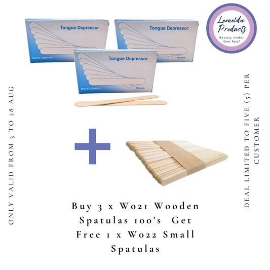 Promotional product graphic showing three blue and white 'Tongue Depressor' boxes, two wooden spatula sticks, and a bundle of wooden spatulas with text offering a free small spatula when buying three Wo21 wooden spatulas, plus a 'Leonelda Products' logo.