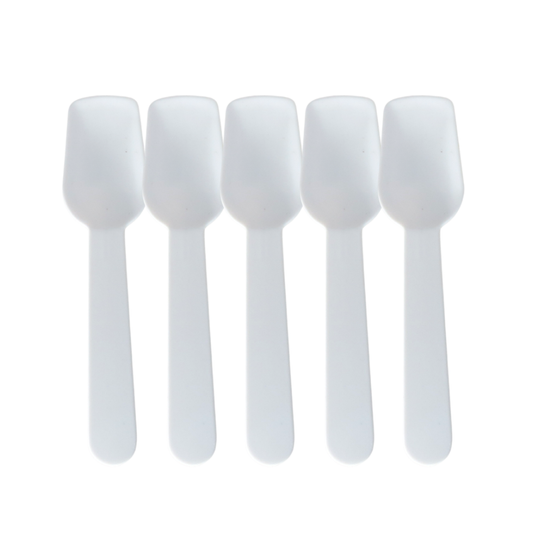 Five white plastic spoon spatulas arranged in a row on a plain white background.