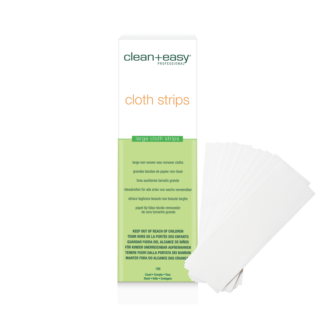 Clean+Easy Professional cloth strips packaging box shown upright next to a fan of white cloth strips on a light gray background.