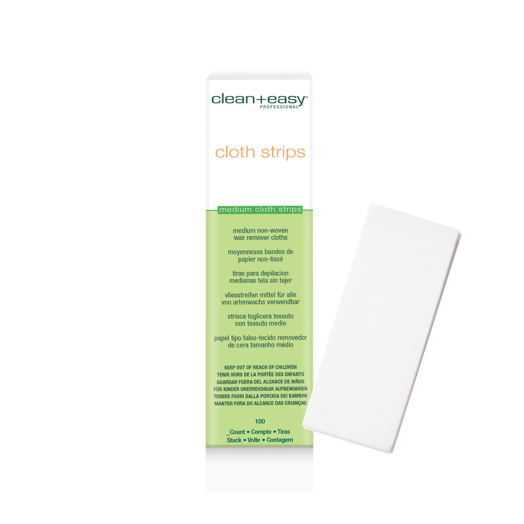 Clean+Easy Professional cloth strips packaging box next to a single white rectangular cloth strip on a clean white background.