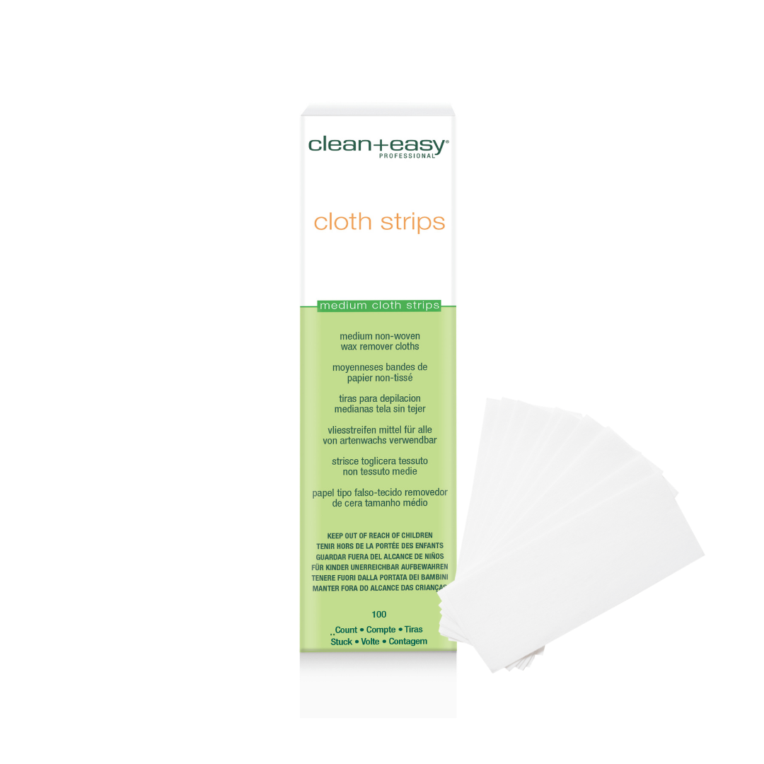 Clean+Easy Professional cloth strips in a white and light green box with several translucent white cloth strips fanned out beside it on a white background.