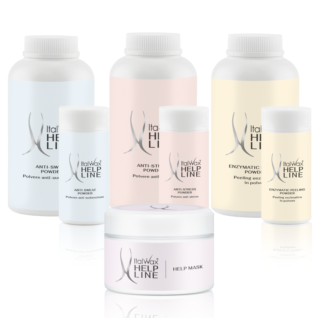 Collection of ItalWax Help Line skincare pre and post waxing products on a white background