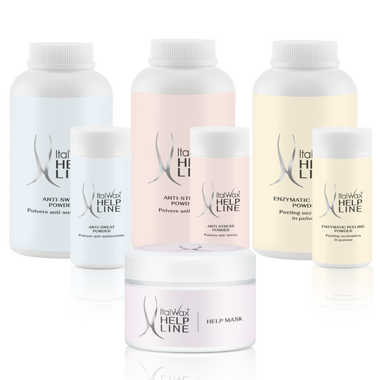 Collection of ItalWax Help Line skincare pre and post waxing products on a white background