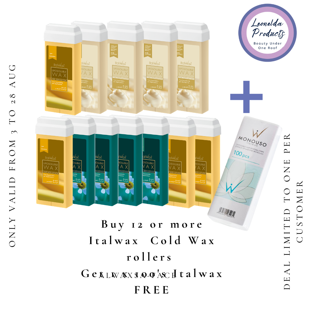 W244 Italwax Cold Wax Roller Cartridge Buy Bulk and Save | Promotional product graphic showing multiple Italwax cold wax roller cartridges in assorted colors arranged in two rows, alongside Italwax precut strips and promotional text on a white background. A circular 'Leonelda Products' badge appears in the top right.