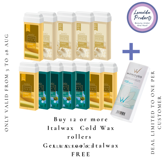 W244 Italwax Cold Wax Roller Cartridge Buy Bulk and Save | Promotional product graphic showing multiple Italwax cold wax roller cartridges in assorted colors arranged in two rows, alongside Italwax precut strips and promotional text on a white background. A circular 'Leonelda Products' badge appears in the top right.